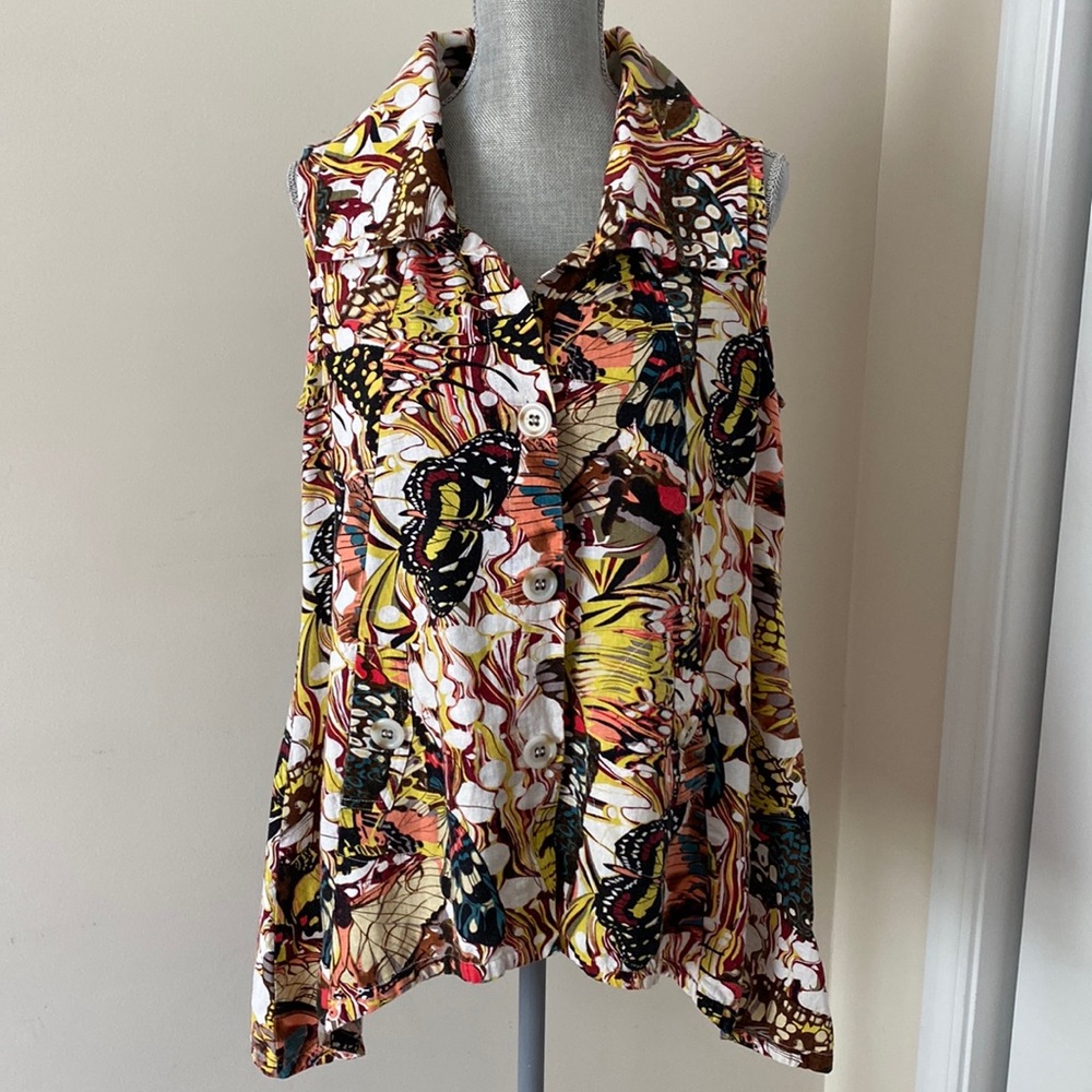 Eclectic Grandma Fairycore Butterfly Print Linen Lagenlook Tunic Top Size 8